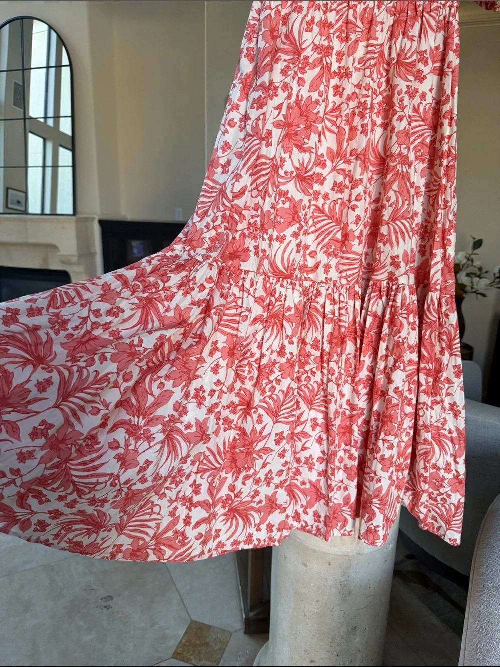Aqua Coral and Creme White Floral Cotton Maxi Dress with Puff Sleeves Sz Small